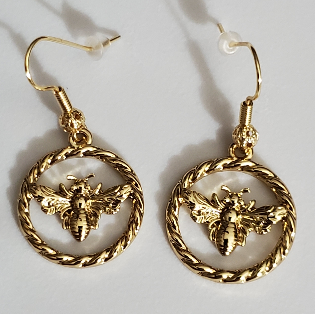 Bee Earrings Handmade Honeybee Artisan 19k Filigree Rope Round